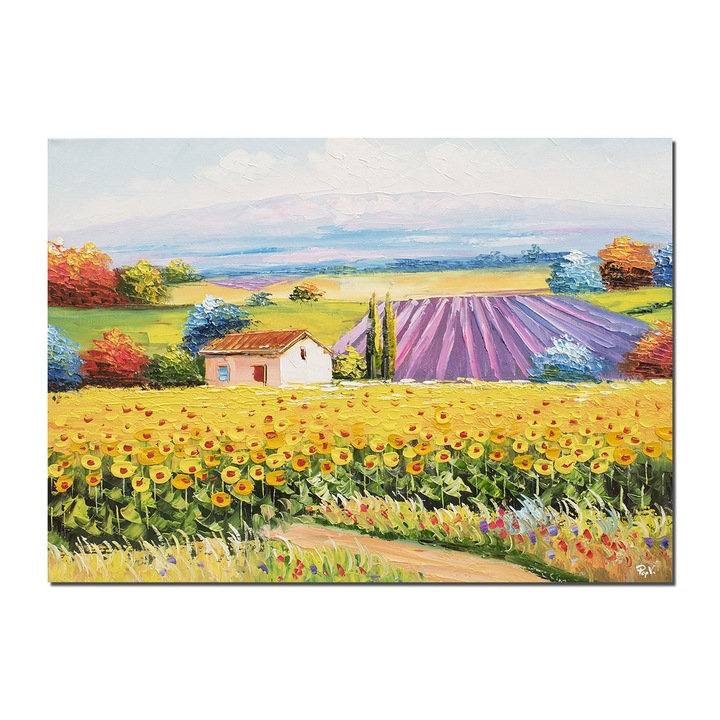 Tablou pictat manual living, hol, birou, dormitor, Peisaj rural cu floarea soarelui si lavanda, colt de rai, 70x50cm ulei pe panza in cutit efect 3D, gata de agatat pe perete