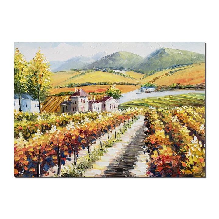 Tablou pictat manual living, hol, birou, dormitor, Peisaj din podgorie, 70x50cm ulei pe panza in cutit efect 3D, gata de agatat pe perete