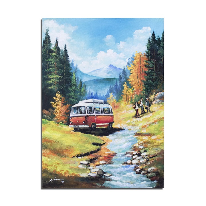 Tablou pictat manual living, dormitor, hol, Peisaj montan, in excursie, pictura 70x50cm ulei pe panza, gata de expus pe perete