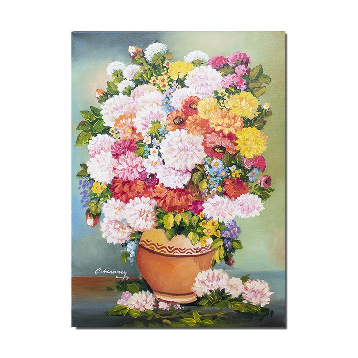 Tablou pictat manual living, dormitor, hol, Vaza cu crizanteme, parfum de sarbatoare, pictura 70x50cm ulei pe panza, gata de expus pe perete