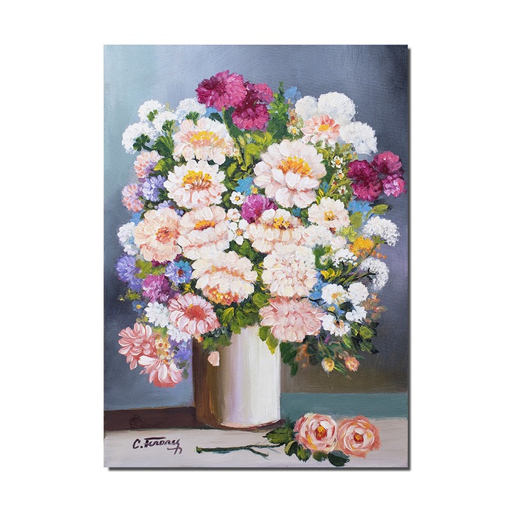 Tablou pictat manual living, dormitor, hol, Vaza cu flori, pictura 70x50cm ulei pe panza, gata de expus pe perete