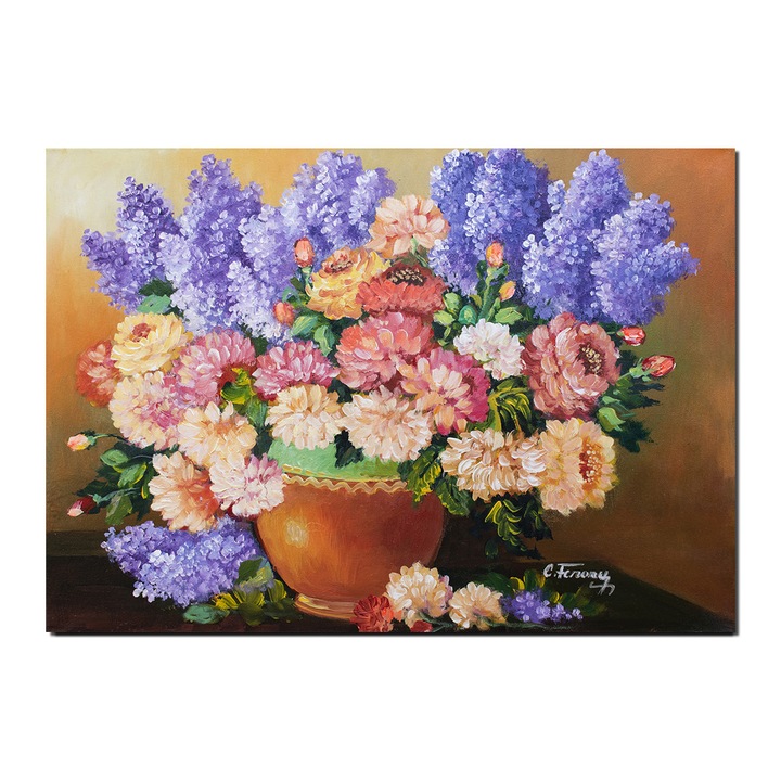 Tablou pictat manual living, dormitor, hol, Vaza cu bujori si liliac, pictura 70x50cm ulei pe panza, gata de expus pe perete