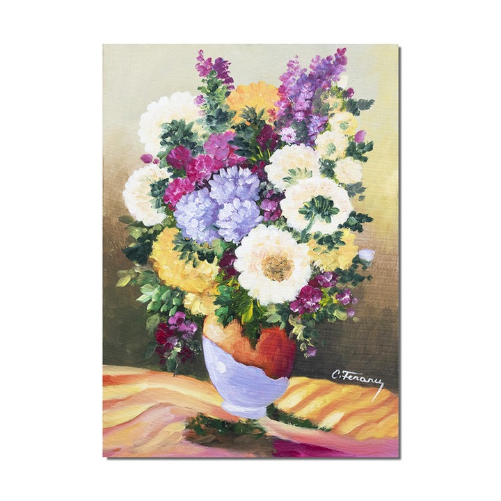 Tablou pictat manual living, dormitor, hol, Vaza cu flori multicolore, pictura 70x50cm ulei pe panza, gata de expus pe perete
