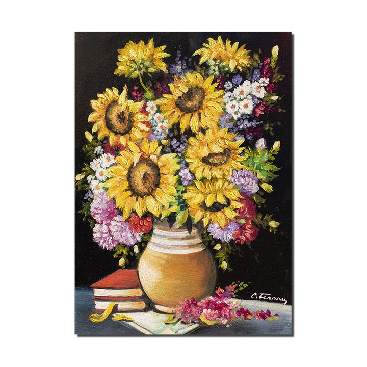 Tablou pictat manual living, dormitor, hol, Vaza cu floarea soarelui, margarete si carti, pictura 70x50cm ulei pe panza, gata de expus pe perete