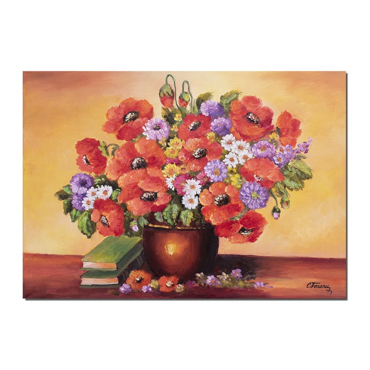 Tablou pictat manual living, dormitor, hol, Vaza cu maci imperiali, margarete si carti pictura 70x50cm ulei pe panza, gata de expus pe perete