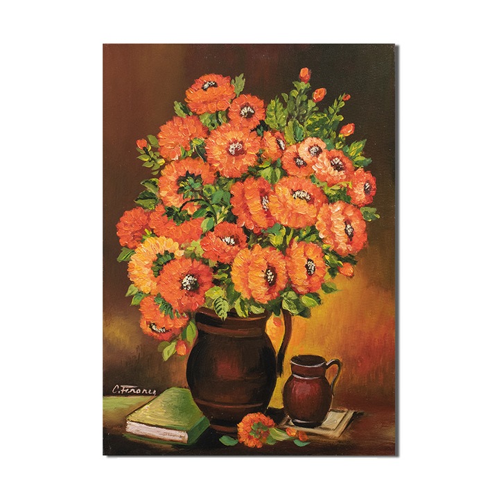 Tablou pictat manual living, dormitor, hol, Vaza cu maci imperiali si carte, pictura 70x50cm ulei pe panza, gata de expus pe perete