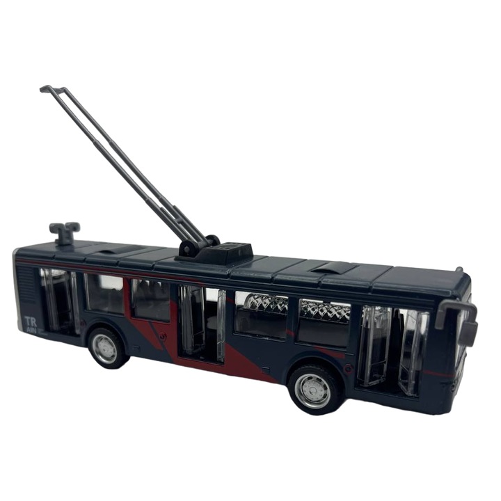 Masinuta metalica, Tip Troleu, 1:32, Negru si Rosu, Interactiva, cu Lumini si Sunete