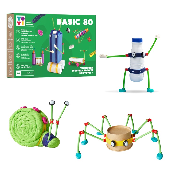Jucarie educativa si interactiva STEM, pentru fete si baieti, 6 ani +, 80 de piese de constructie, kit creativ ecologic TOYI®