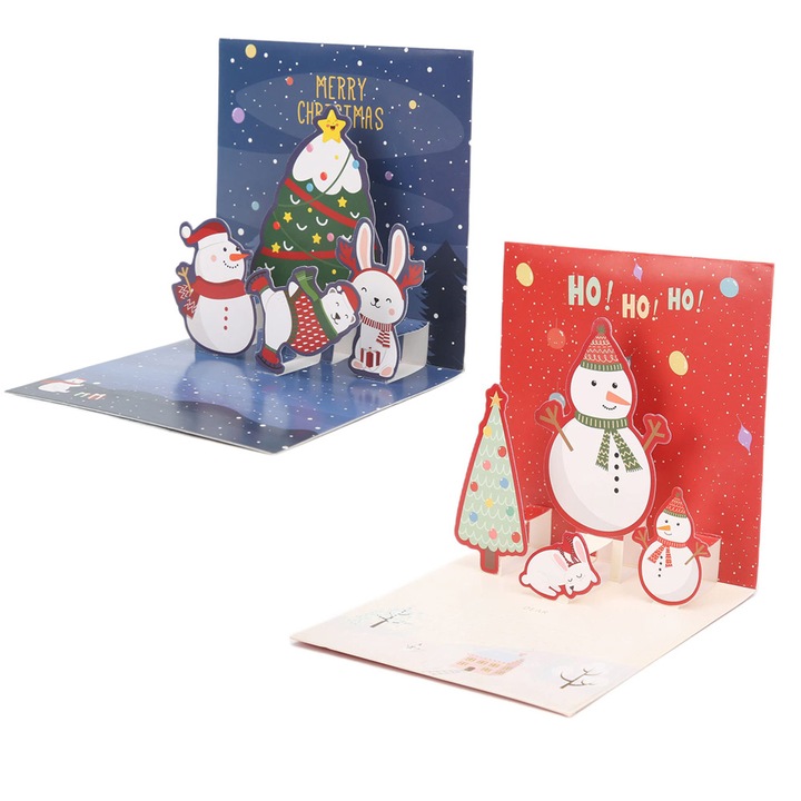 Комплект от 2 бр. Коледни картички с плик, Kaxyrooz, червено/синьо, 11x11см, модели на снежен човек