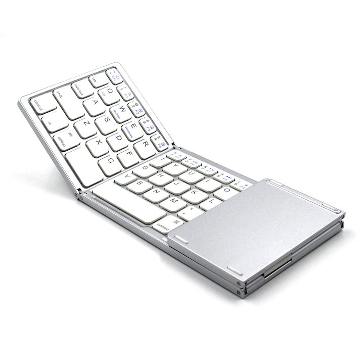 Tastatura mini pliabila, portabila, Wireless, Bluetooth, pliabila tripla, cu touchpad, subtire, Alb