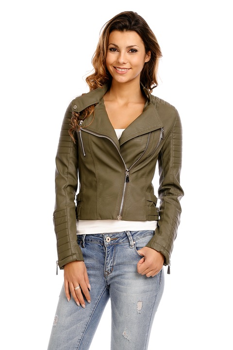 Jacheta din piele ecologica cu fermoare si catarame, Kaki