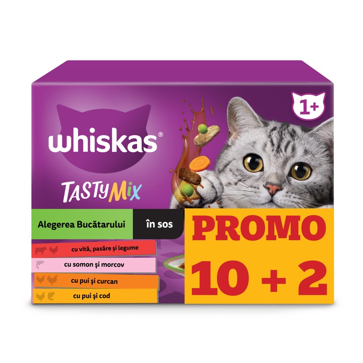Hrana umeda pentru pisici Whiskas, Tasty Mix, (10 + 2) x 85 g
