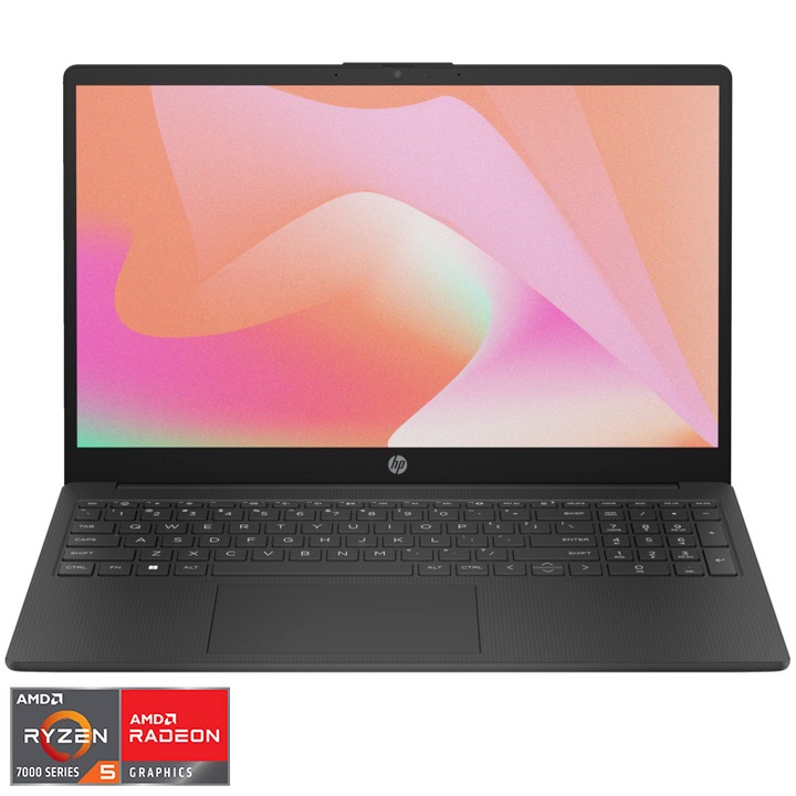 Laptop HP 15-fc0027nq cu procesor AMD Ryzen™ 5 7520U pana la 4.3 GHz, 15.6", Full HD, 8GB DDR5, 256GB SSD, AMD Radeon™ Graphic, Free DOS, Smoky Black