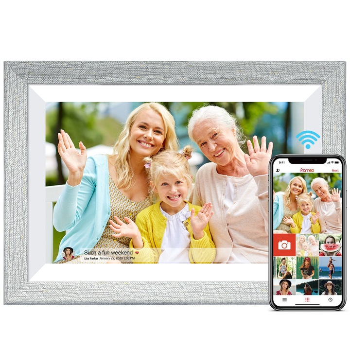 Цифрова фоторамка MOSMAOO, 10.1 инча, приложение Frameo, Android 13, RAM 1GB, вътрешна памет 32GB, сензорен екран 1280x800 HD IPS, USB слот, SD карта, високоговорител 2x2W, снимки/видео, бял