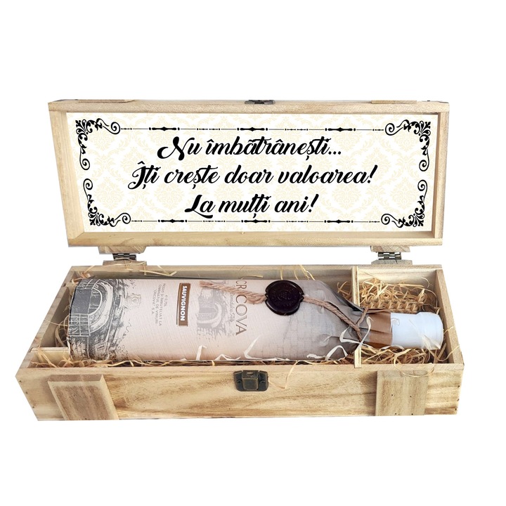 Cutie cadou pentru onomastica cu sticla vin, Lemn, 11x35x15 cm, 750 ml