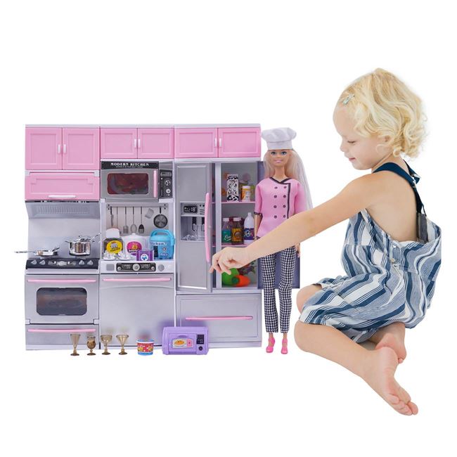 Set De Joaca Papusa Barbie Bucatar Cu Aragaz Sunet Lumini Si