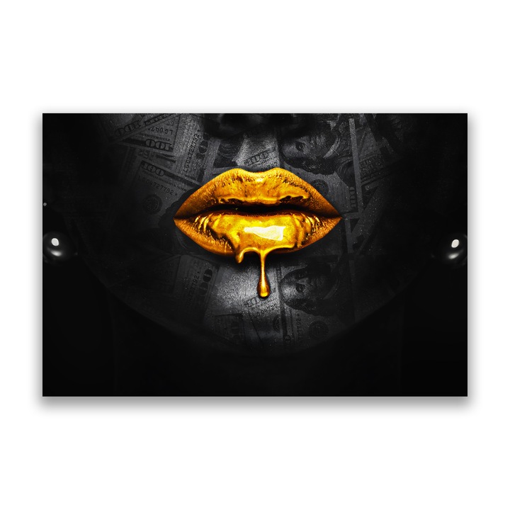 Първокласна картина на платно, LuxCanva® A1205, златни устни, 40 X 60 CM, 100% памучно платно 400g/m2, дървена рамка, декоративна, тоалетка, устни, злато, долар, всекидневна, живи цветове