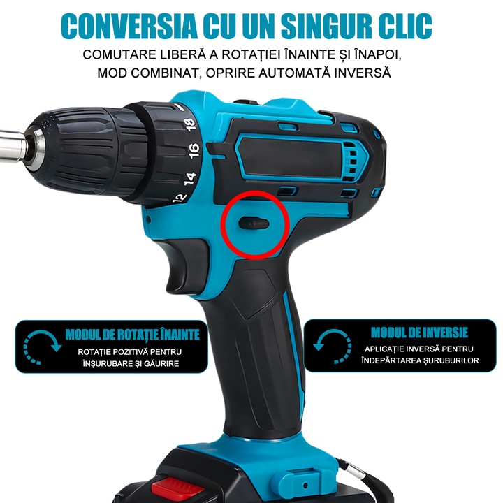 Masina de gaurit si insurubat, Xinxu, 28V Li-Ion, 24 Accesorii, 3200rpm, 2 viteze, posibilitate de reglare a cuplului, Cutie plastic, Negru/Albastru