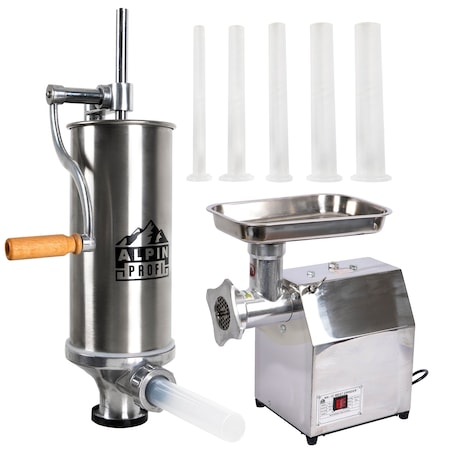 Set Masina de tocat carne electrica Alpin Profi MK-12, 850W, 150Kg/Ora si Masina umplut carnati 5.5kg orizontal din Inox