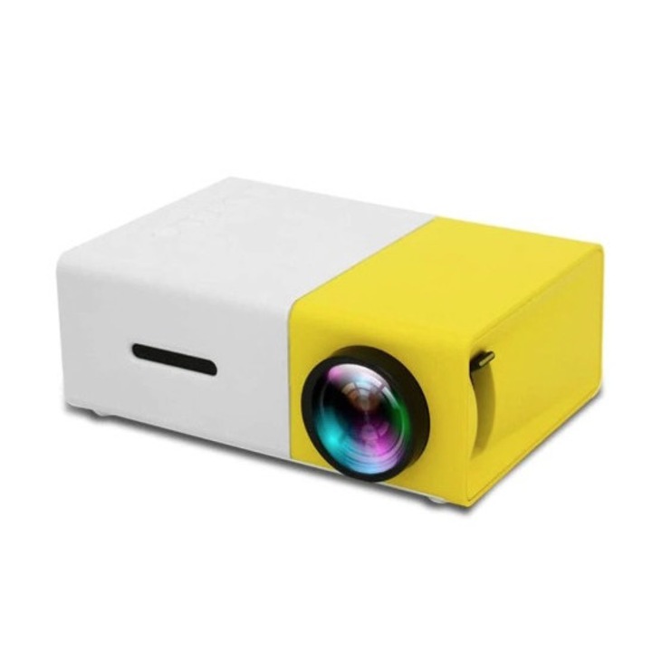 Мини преносим видеопроектор, LED, 1080p, HD, жълто-бял