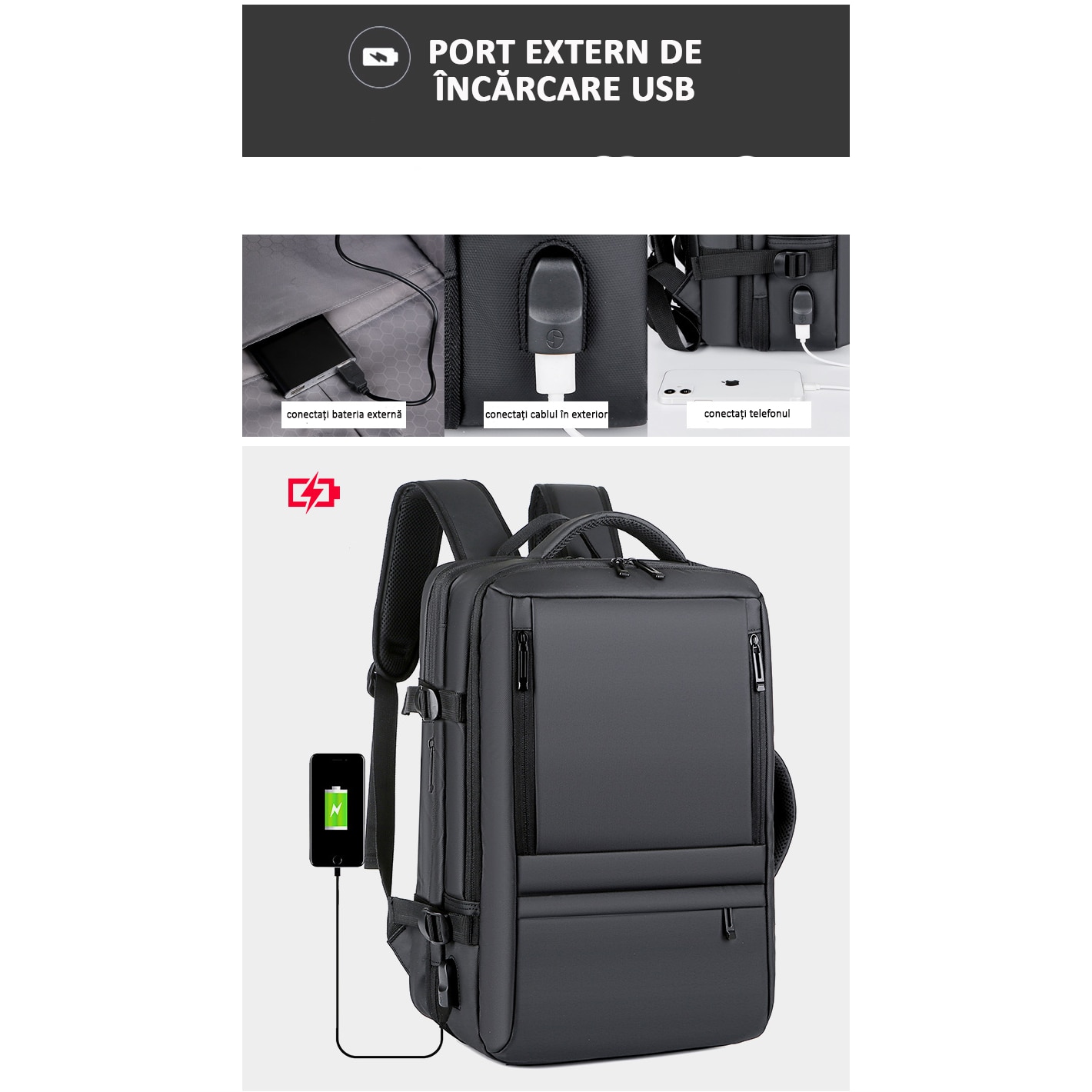 Rucsac Calatorie pentru Laptop, Extensibil, Multifunctional, Impermeabil, port USB, 40 L, Negru denim, OBRALIX®