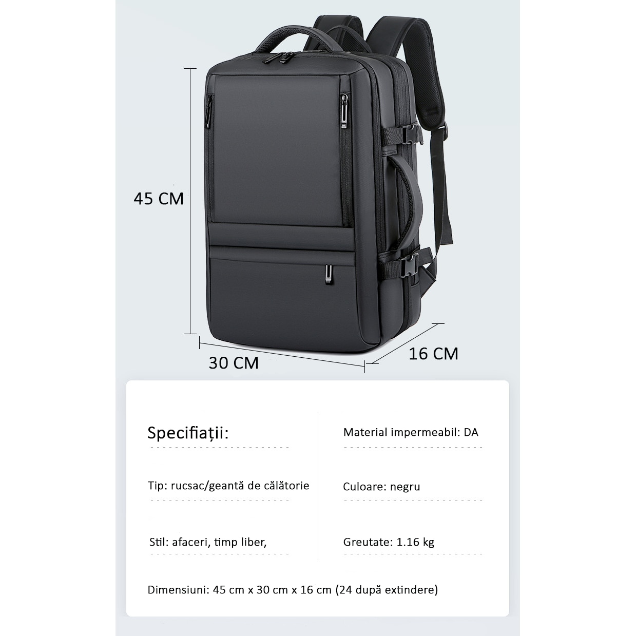 Rucsac Calatorie pentru Laptop, Extensibil, Multifunctional, Impermeabil, port USB, 40 L, Negru denim, OBRALIX®