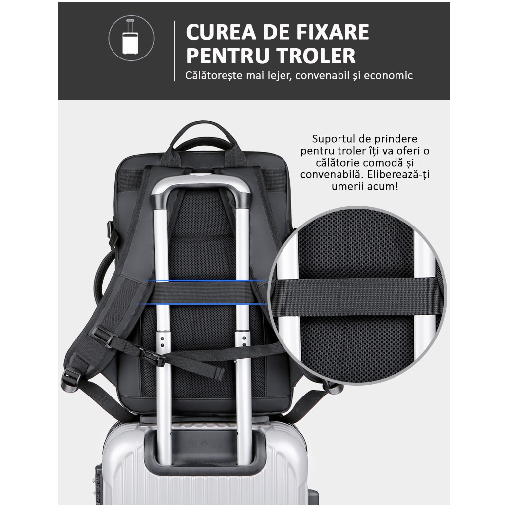 Rucsac Calatorie pentru Laptop, Extensibil, Multifunctional, Impermeabil, port USB, 40 L, Negru denim, OBRALIX®