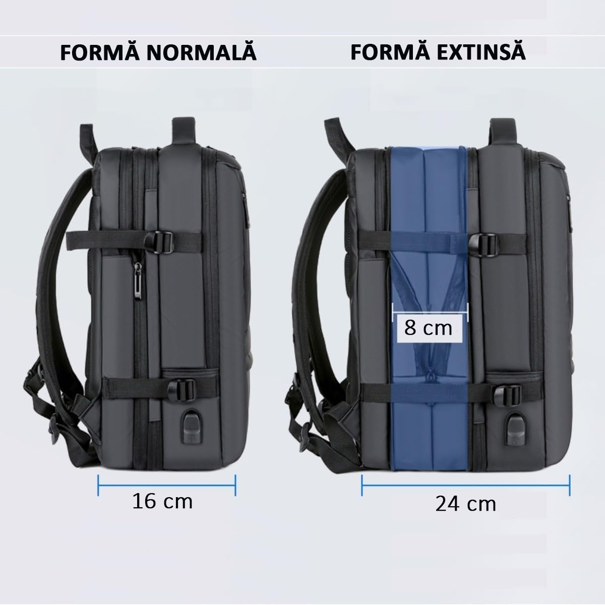 Rucsac Calatorie pentru Laptop, Extensibil, Multifunctional, Impermeabil, port USB, 40 L, Negru denim, OBRALIX®