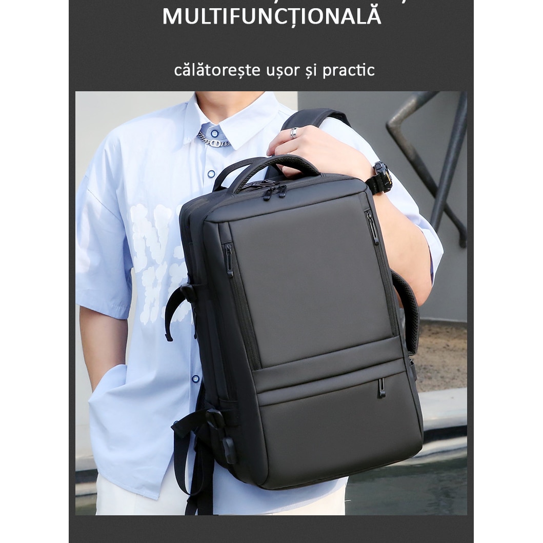 Rucsac Calatorie pentru Laptop, Extensibil, Multifunctional, Impermeabil, port USB, 40 L, Negru denim, OBRALIX®