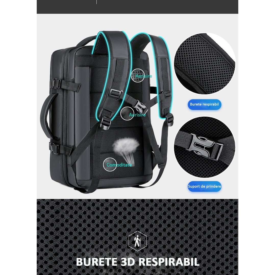 Rucsac Calatorie pentru Laptop, Extensibil, Multifunctional, Impermeabil, port USB, 40 L, Negru denim, OBRALIX®