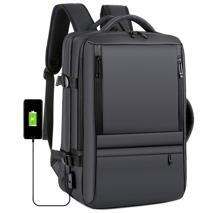 Rucsac Calatorie pentru Laptop, Extensibil, Business, Impermeabil, port USB, pana la 40 L, Negru denim, OBRALIX®