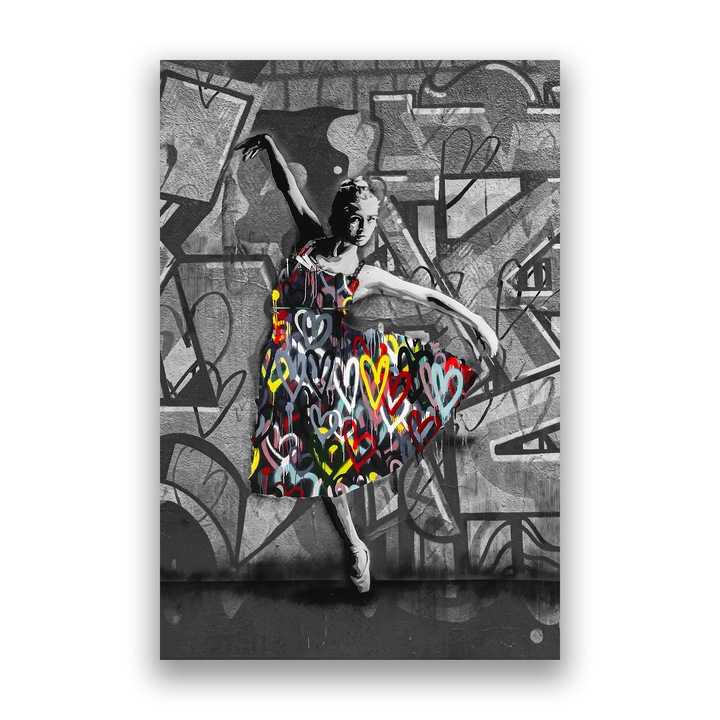 Картина на платно, LuxCanva® A1208, Цветна балерина, 40 X 60 CM, 100% памучно платно 400 g/m2, Дървена рамка, Декоративна, Спалня, Балерина, Цветни сърца, Тоалетка, Живи цветове