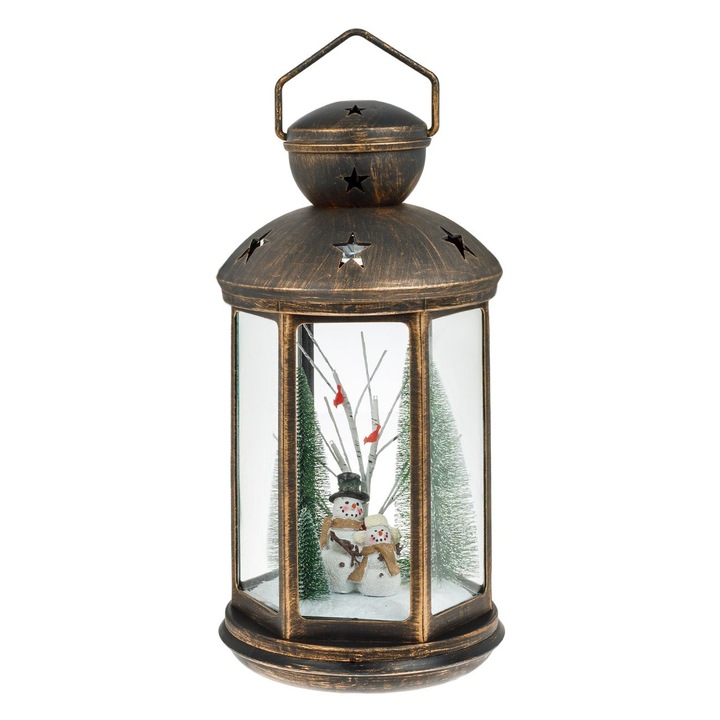 Felinar decorativ de Craciun Shopiens® Bronz cu Proiector Brazi Om de Zapada si LED, 21 x 44 cm