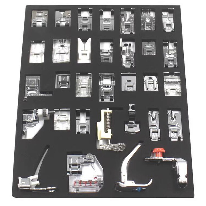 Set 32 picioruse pentru masina de cusut, Axroad Mall, Realiza tivuri sau puteti fixa nasturi, Sa aliniati perfect cusaturile, Functiile reparatie rapida, Cu cutie depozitare, Reutilizabile, Metal, Universale, Argintiu