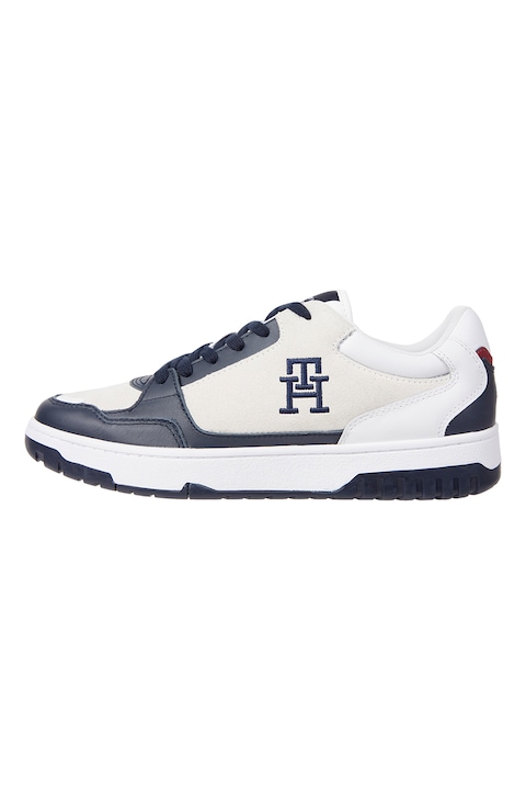 Tommy Hilfiger, Pantofi sport din piele si piele intoarsa cu logo, Alb/Bleumarin