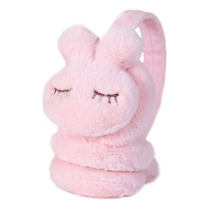 Acoperitori pentru urechi, protectie impotriva frigului, model casti pentru copii, tematica sleepy bunny, marime universala, roz deschis, EFAYN