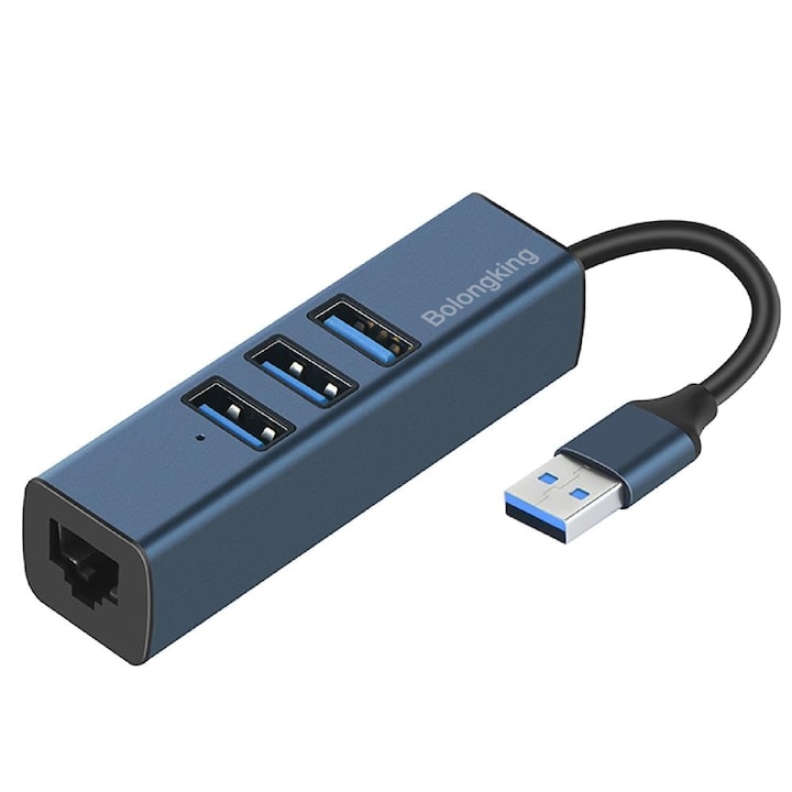 Hub Adaptor, USB 2.0 3.0, 100 Mbps Ethernet, 4in1, cu 1 port RJ45 si 3 porturi USB, Bolongking
