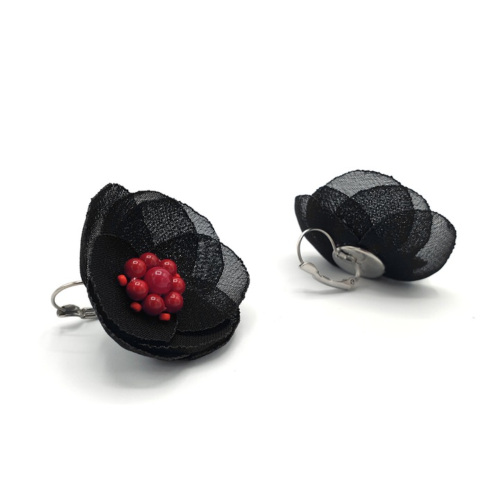 Cercei floare, Corizmi, Elara, voal negru, mijloc perle rosii, tortite inox