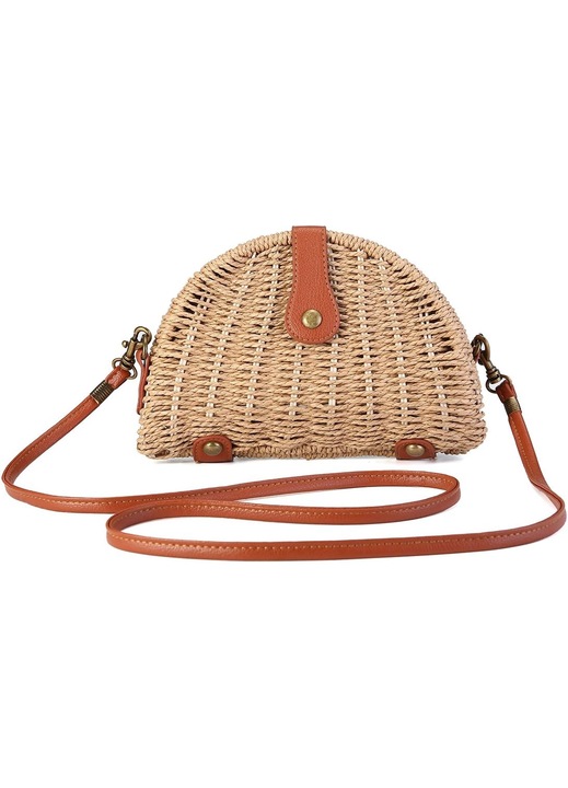 Női válltáska, szalma, virágos bélés, mágneses záródású, barna, 20x14x5cm