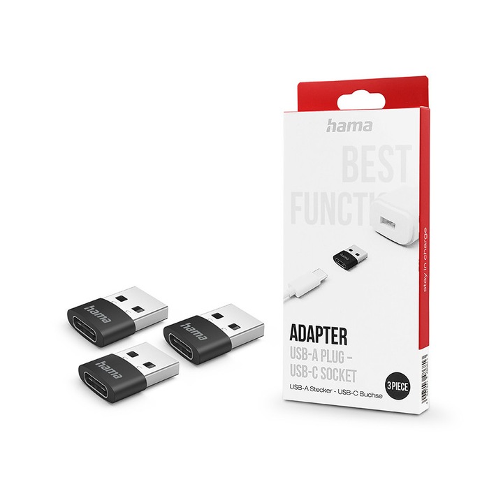 HAMA USB Type-C - USB-A adapter - HAMA Adapter USB-A Plug - USB-C Socket - 3 db/csomag - fekete