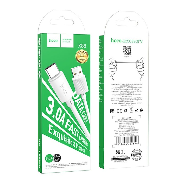 Cablu Date si Incarcare Rapida HOCO X88 USB – Tip C – 3A Alb