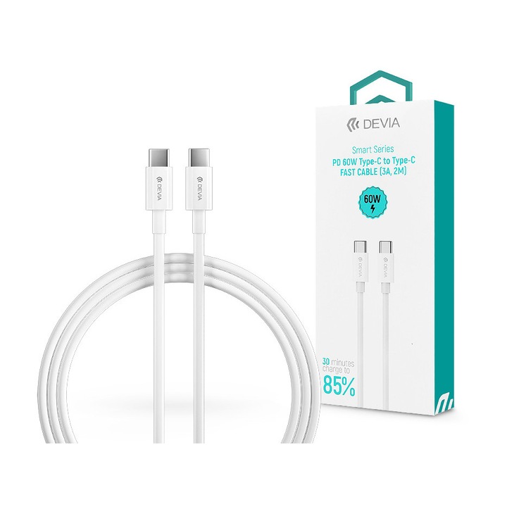 Devia USB Type-C - USB Type-C adat- és töltőkábel 2 m-es vezetékkel - Devia Smart Series Type-C To Type-C Fast Cable - 60W - fehér