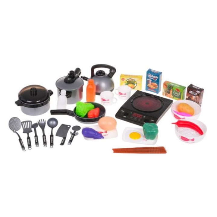 Set de gatit cu vase ustensile alimente si aragaz cu inductie Play House