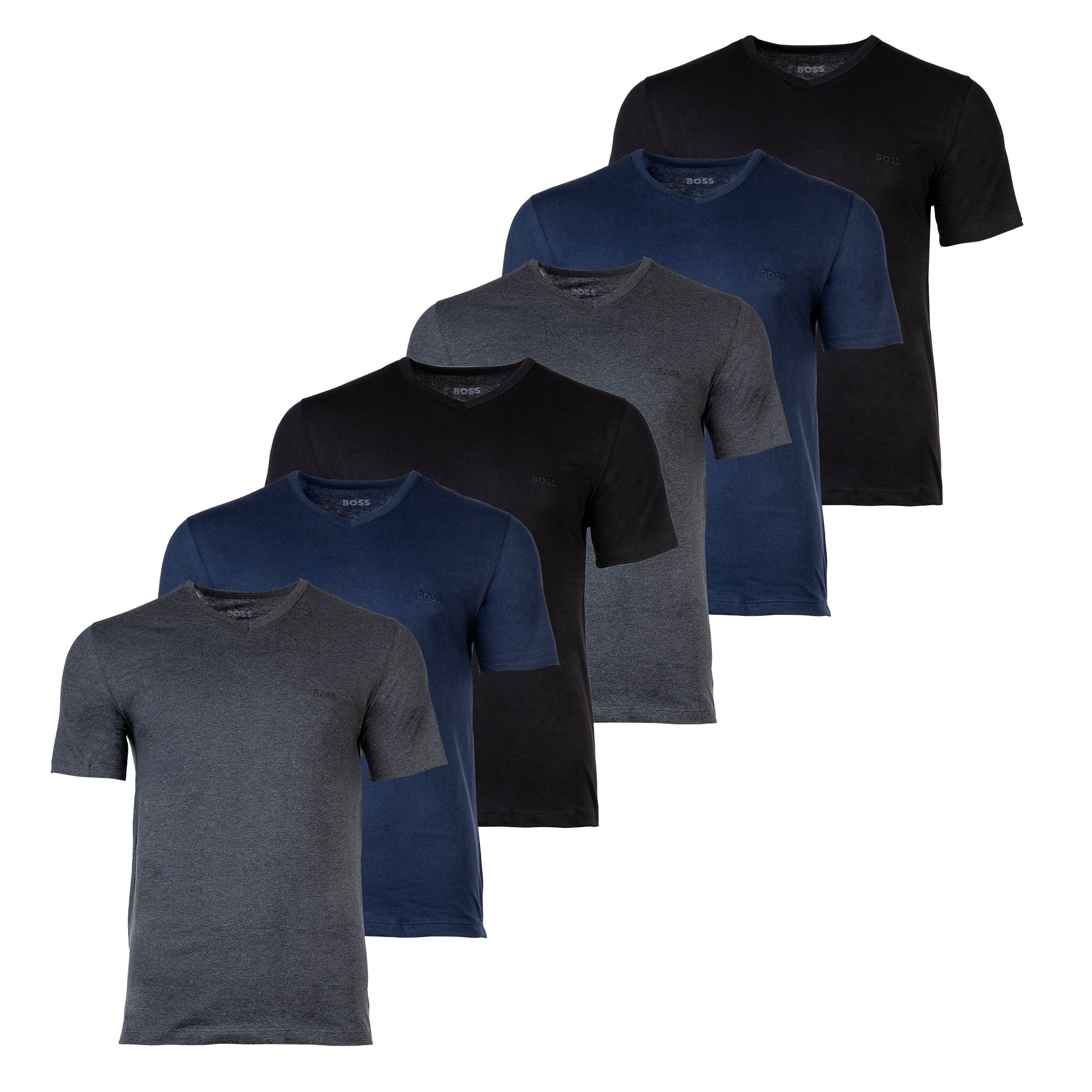 BOSS, Set de tricouri cu decolteu in V - 6 piese, Negru, Gri, Albastru, L