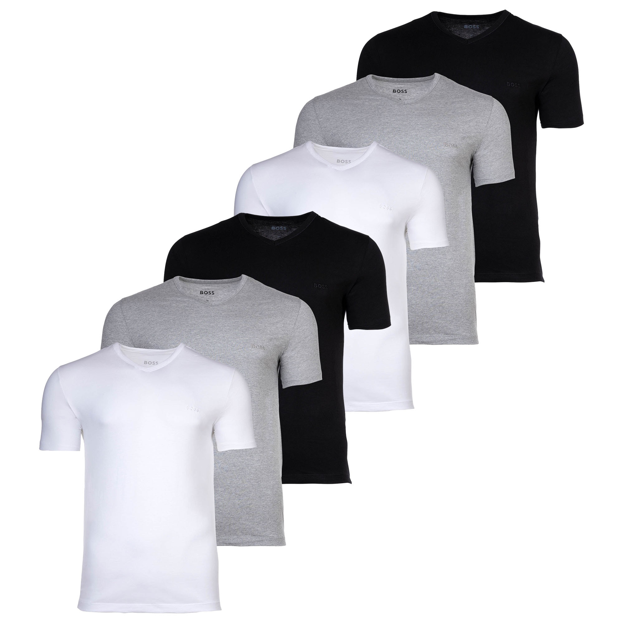 BOSS, Set de tricouri cu decolteu in V - 6 piese, Negru, Gri, Alb, M
