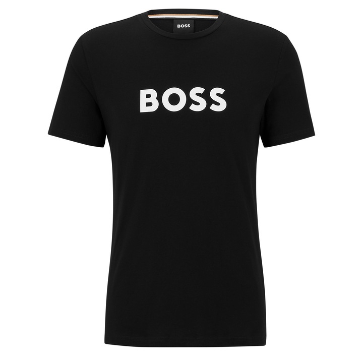BOSS, Тениска с овално деколте и лого, Черен, M