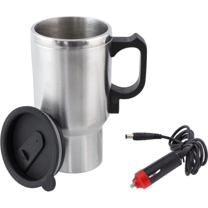Aptel termosz bögre, Rozsdamentes acél, öngyújtó töltéssel az ital melegítéséhez, 12V, 400ml, Ezüst/Fekete