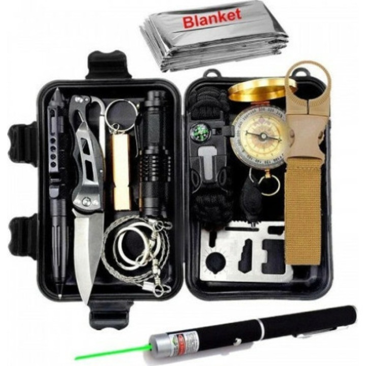 Kit de supravietuire camping 11 in 1, Negru