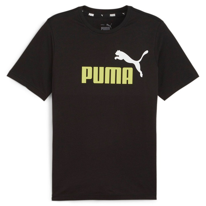 Puma, Tricou de bumbac cu imprimeu logo Essentials+2, Verde/Negru