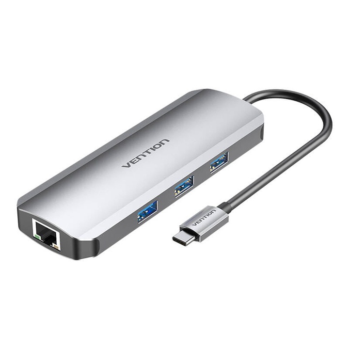 Докинг станция, Vention, USB-C към HDMI, 3xUSB3.0, RJ45, SD, TF, PD, сив